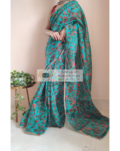 Green Floral Print Kota Saree - kreationbykj