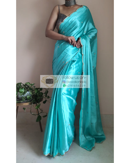 Turquoise Satin Silk Saree With Handembroidered Scalloping - kreationbykj