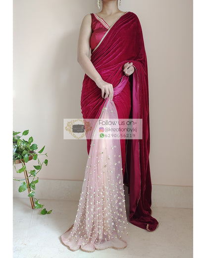 Half Magenta Velvet And Net Embellished Saree - kreationbykj