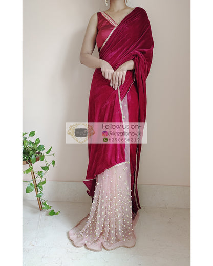 Half Magenta Velvet And Net Embellished Saree - kreationbykj