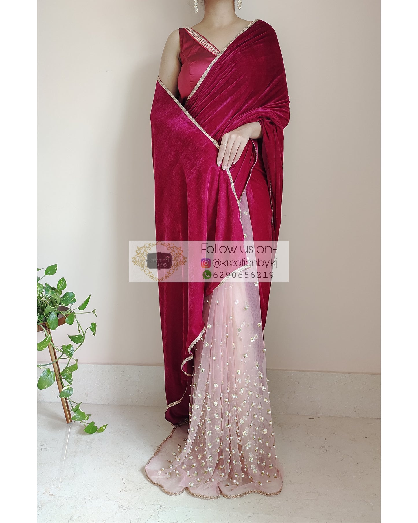 Half Magenta Velvet And Net Embellished Saree - kreationbykj