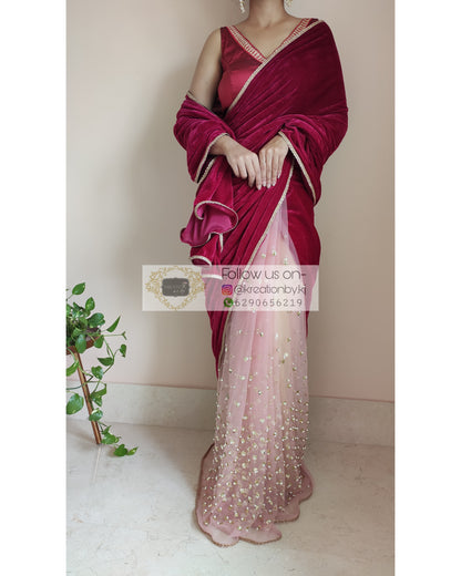 Half Magenta Velvet And Net Embellished Saree - kreationbykj