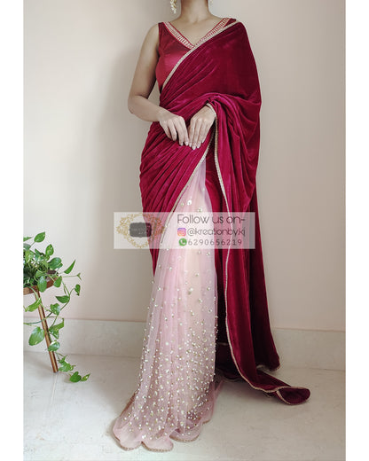 Half Magenta Velvet And Net Embellished Saree - kreationbykj