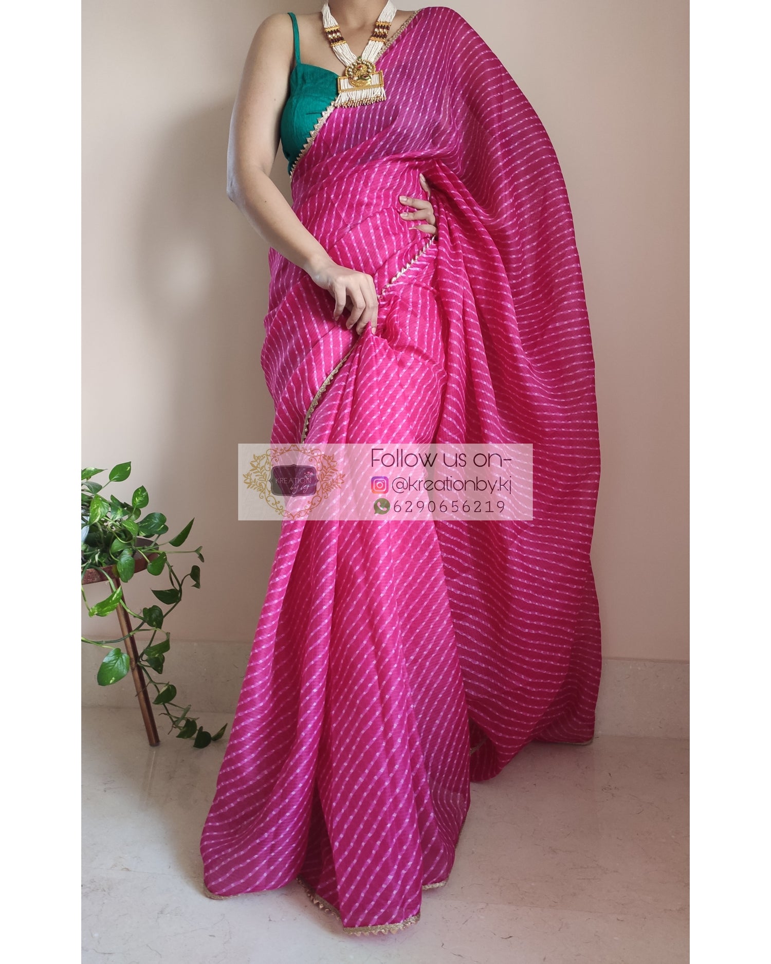 Hot Pink Leheriya Kota Silk Saree - kreationbykj