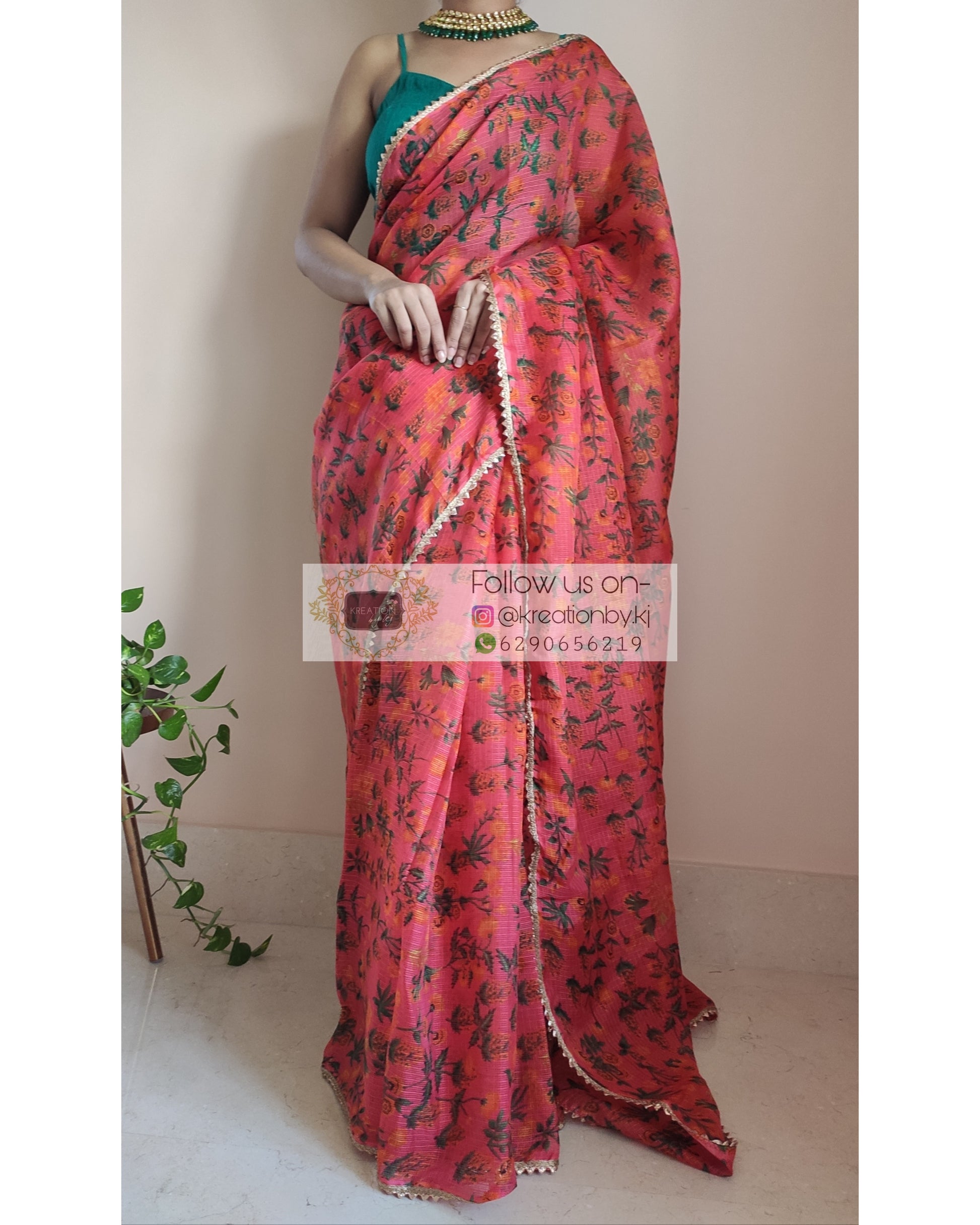 Orange Floral Print Kota Saree - kreationbykj