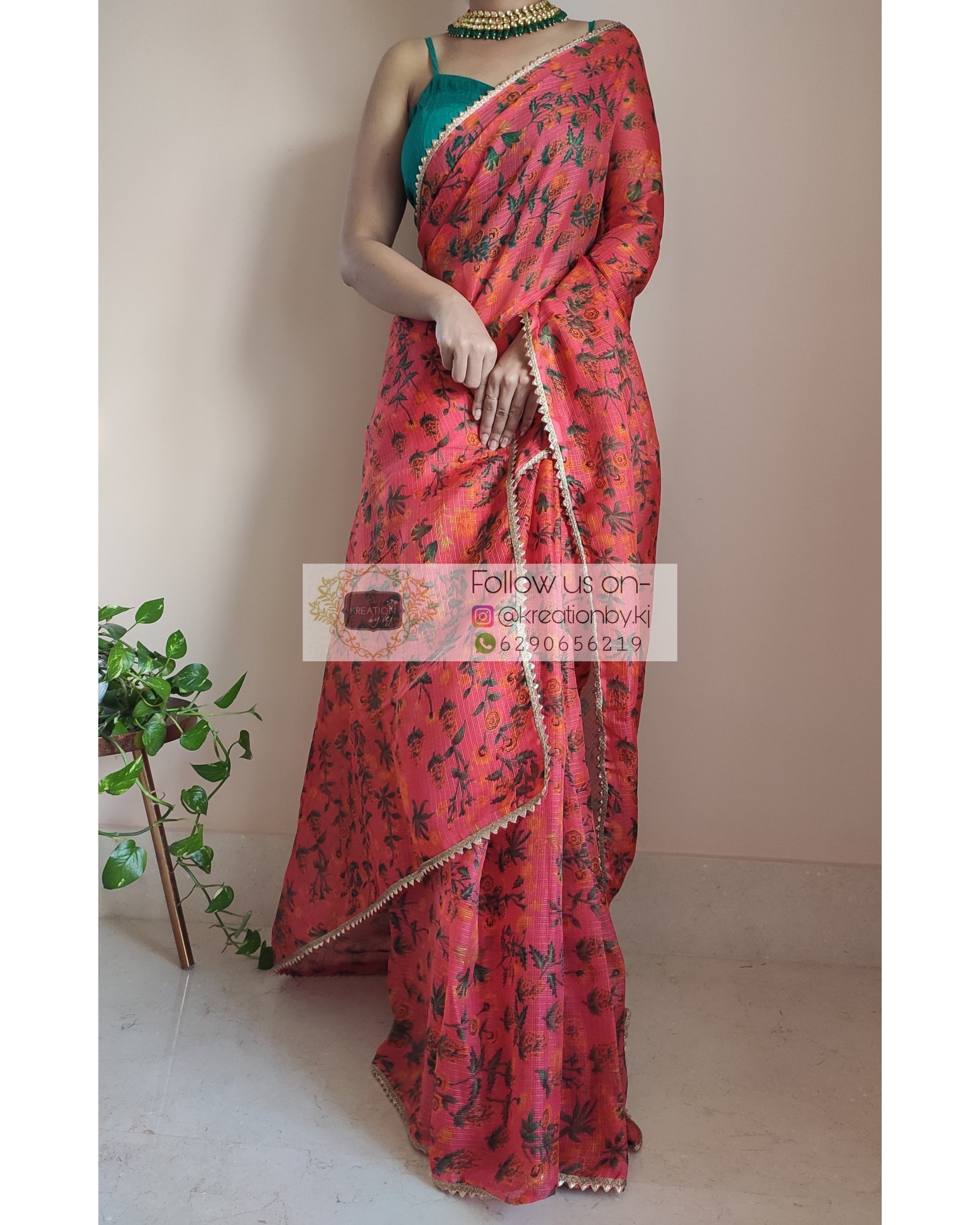 Orange Floral Print Kota Saree - kreationbykj