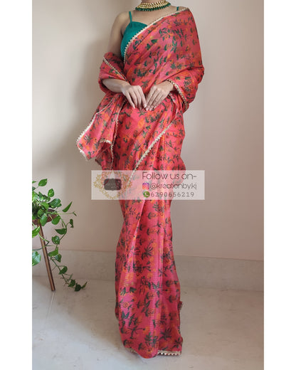 Orange Floral Print Kota Saree - kreationbykj