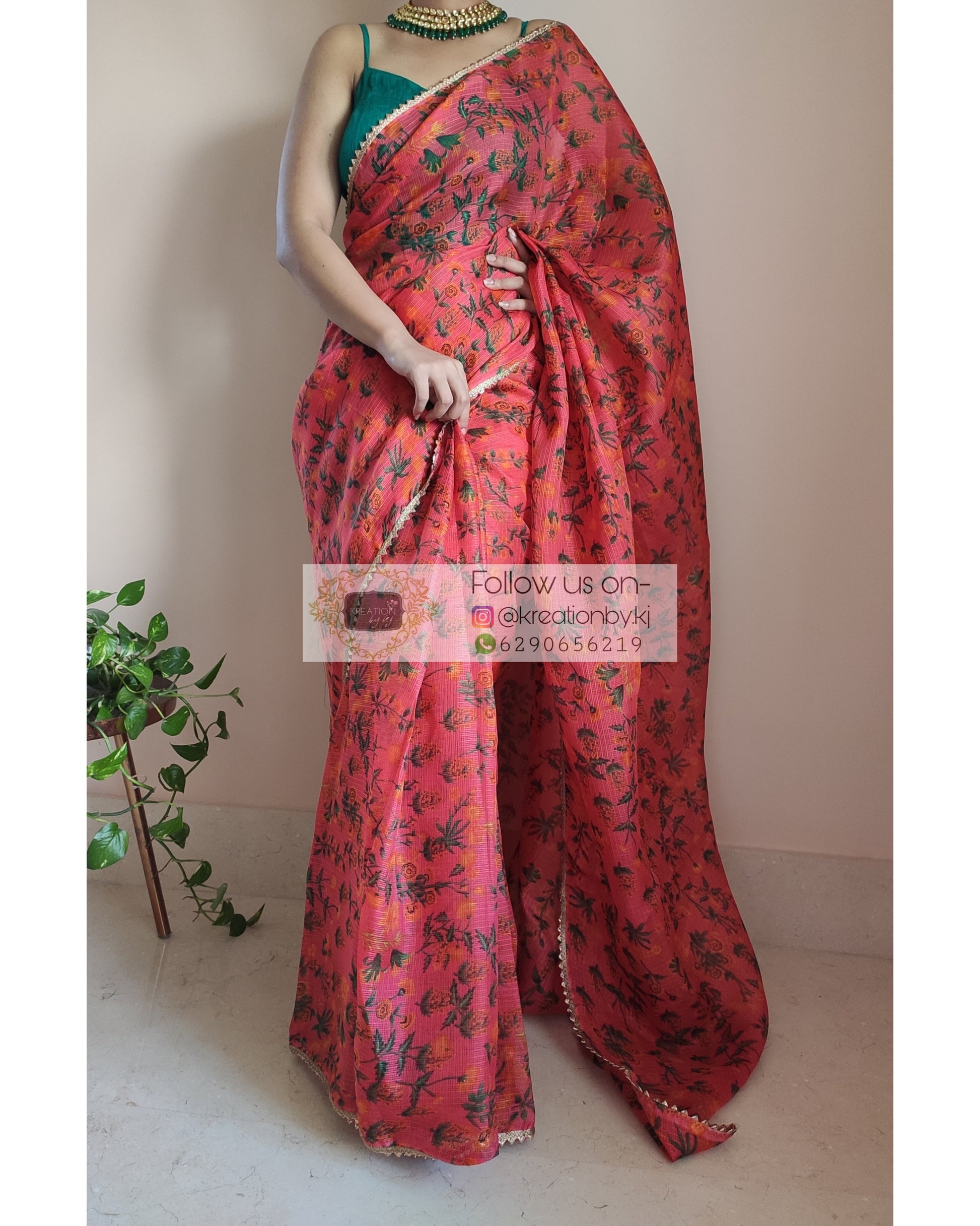 Orange Floral Print Kota Saree - kreationbykj