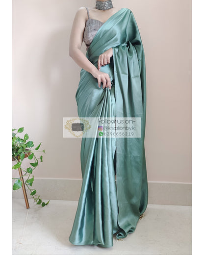 Sage Green Satin Silk Saree With Handmade Tassels On Pallu - kreationbykj