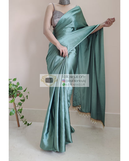 Sage Green Satin Silk Saree With Handmade Tassels On Pallu - kreationbykj