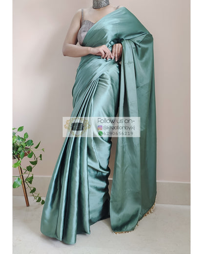 Sage Green Satin Silk Saree With Handmade Tassels On Pallu - kreationbykj