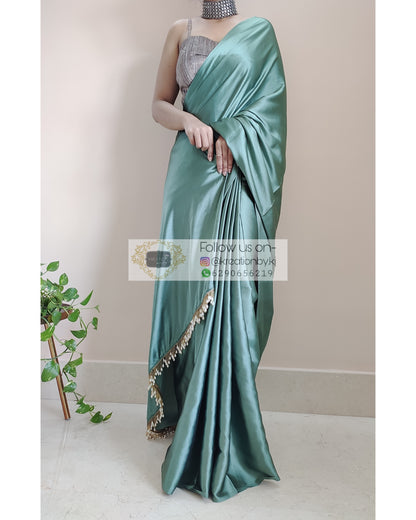 Sage Green Satin Silk Saree With Handmade Tassels On Pallu - kreationbykj