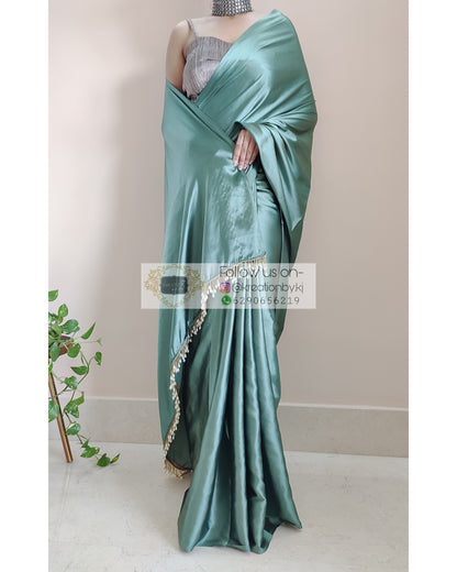 Sage Green Satin Silk Saree With Handmade Tassels On Pallu - kreationbykj