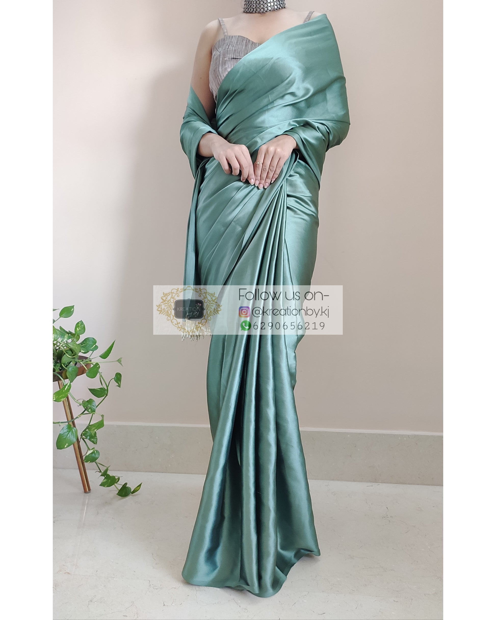 Sage Green Satin Silk Saree With Handmade Tassels On Pallu - kreationbykj