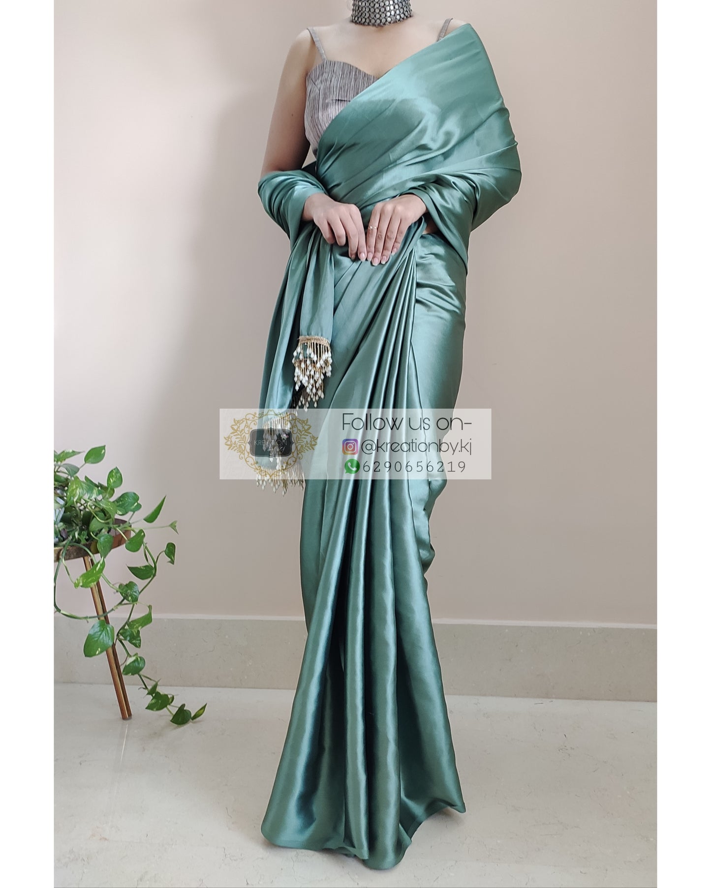 Sage Green Satin Silk Saree With Handmade Tassels On Pallu - kreationbykj