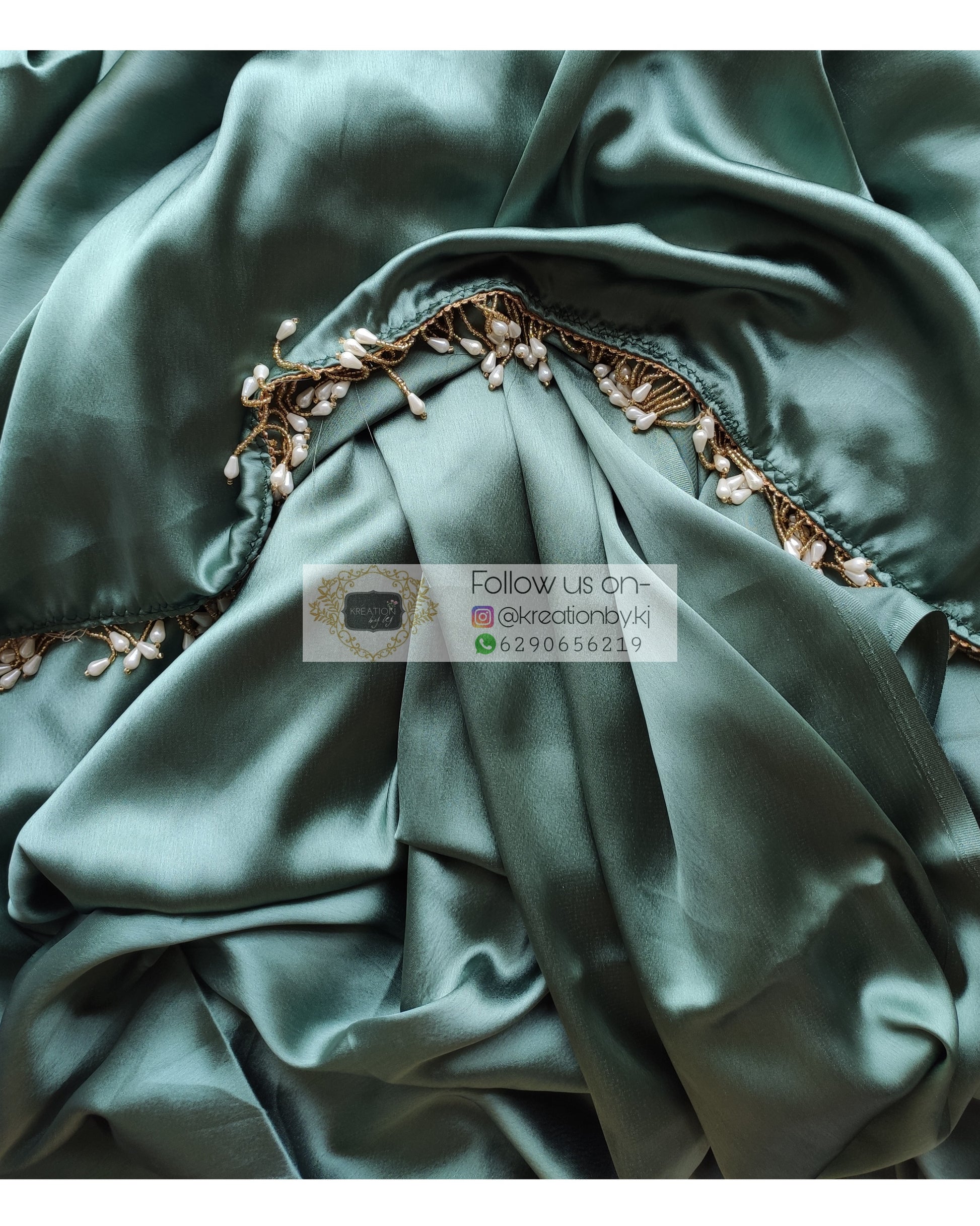 Sage Green Satin Silk Saree With Handmade Tassels On Pallu - kreationbykj