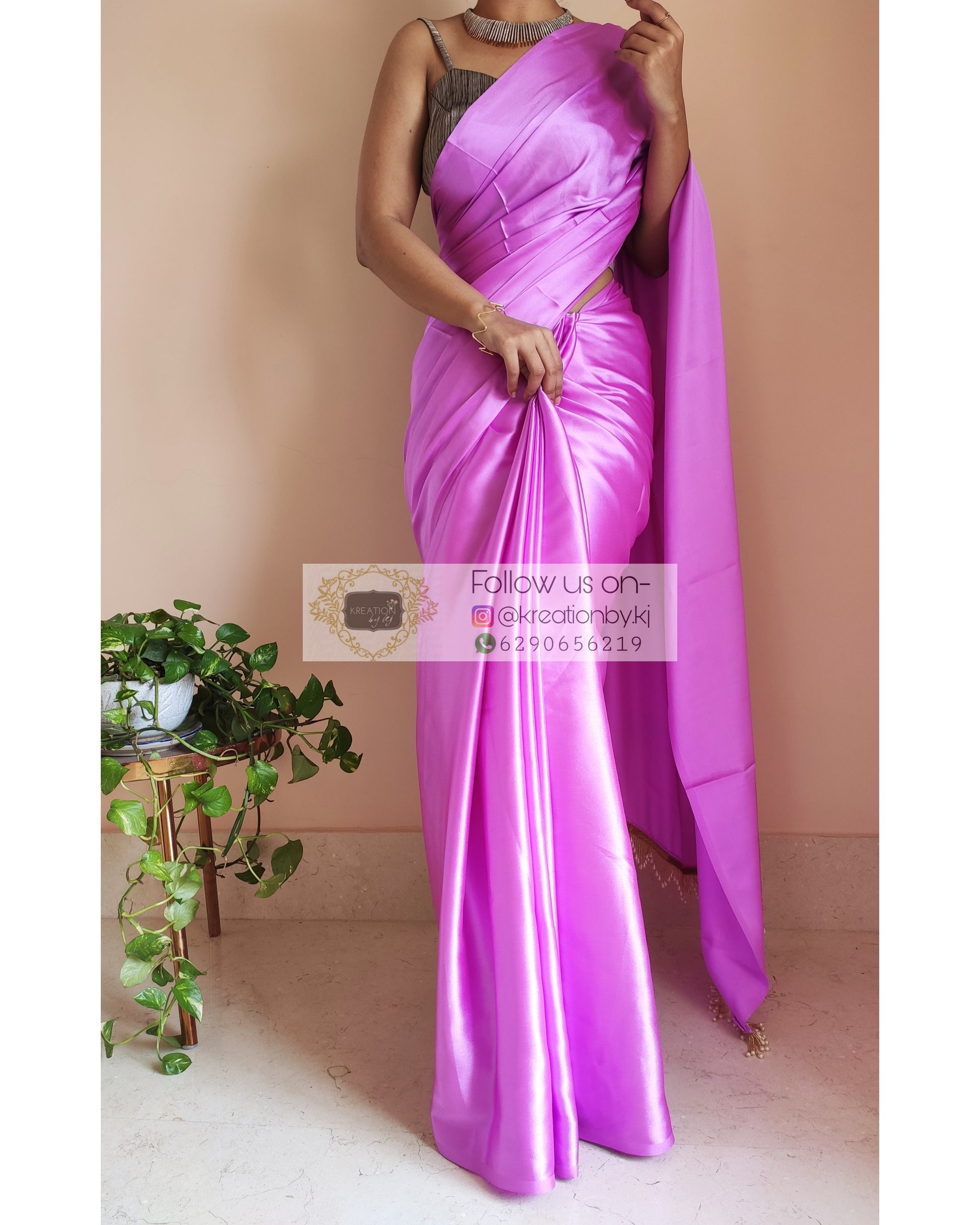 Light Lavender Satin Silk Saree With Handmade Tassels On Pallu - kreationbykj