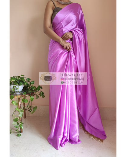 Light Lavender Satin Silk Saree With Handmade Tassels On Pallu - kreationbykj