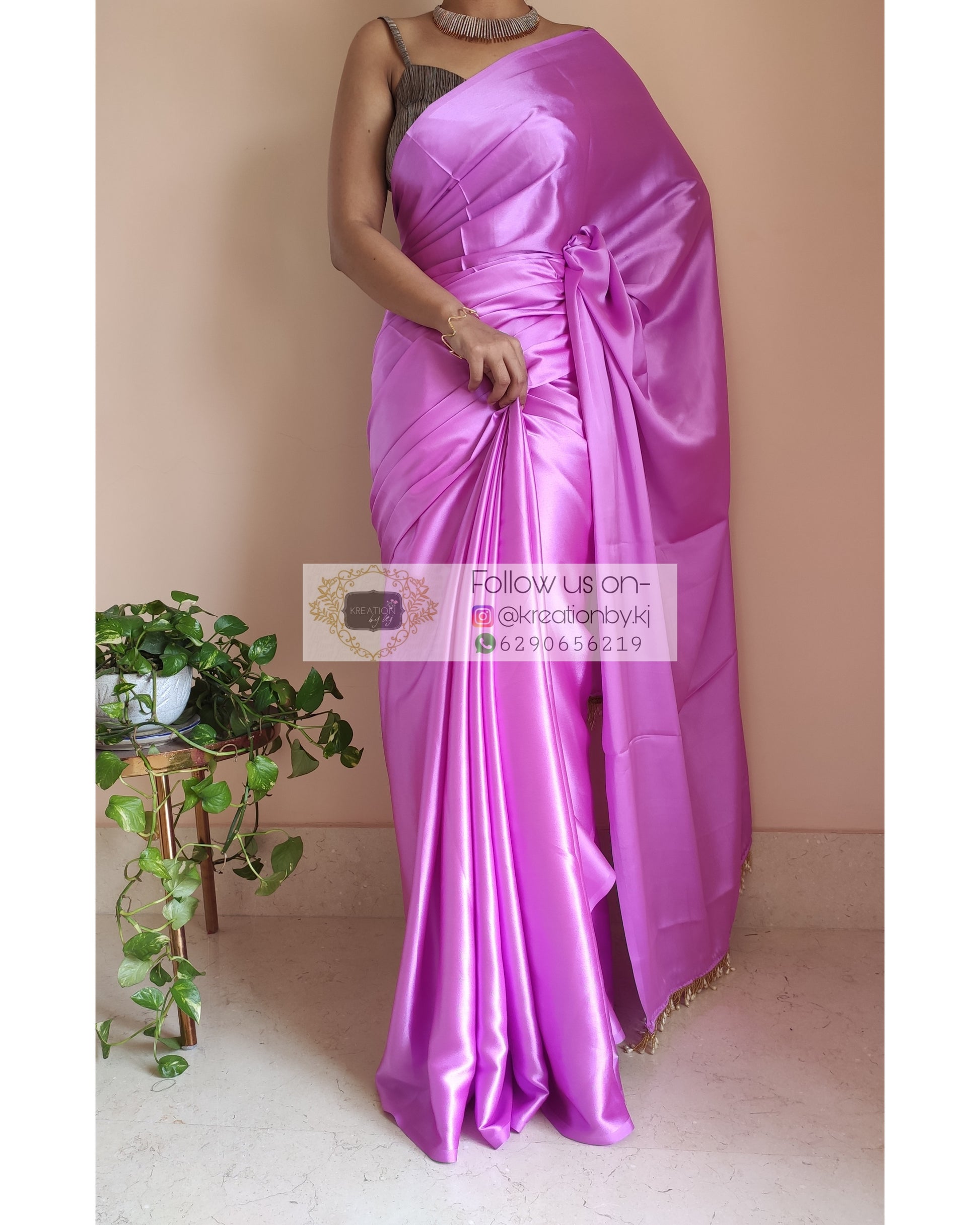 Light Lavender Satin Silk Saree With Handmade Tassels On Pallu - kreationbykj