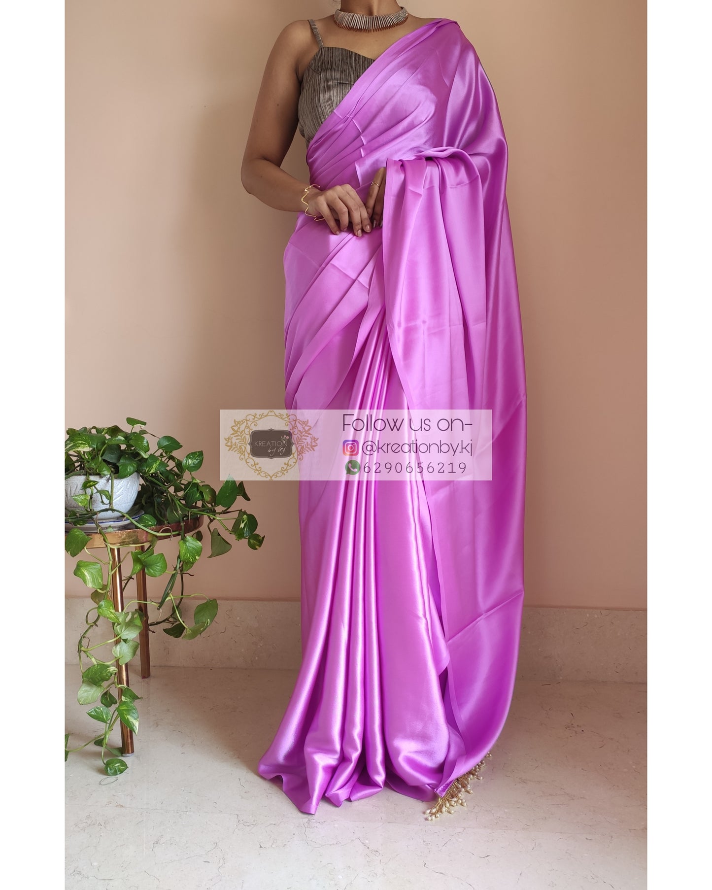 Light Lavender Satin Silk Saree With Handmade Tassels On Pallu - kreationbykj