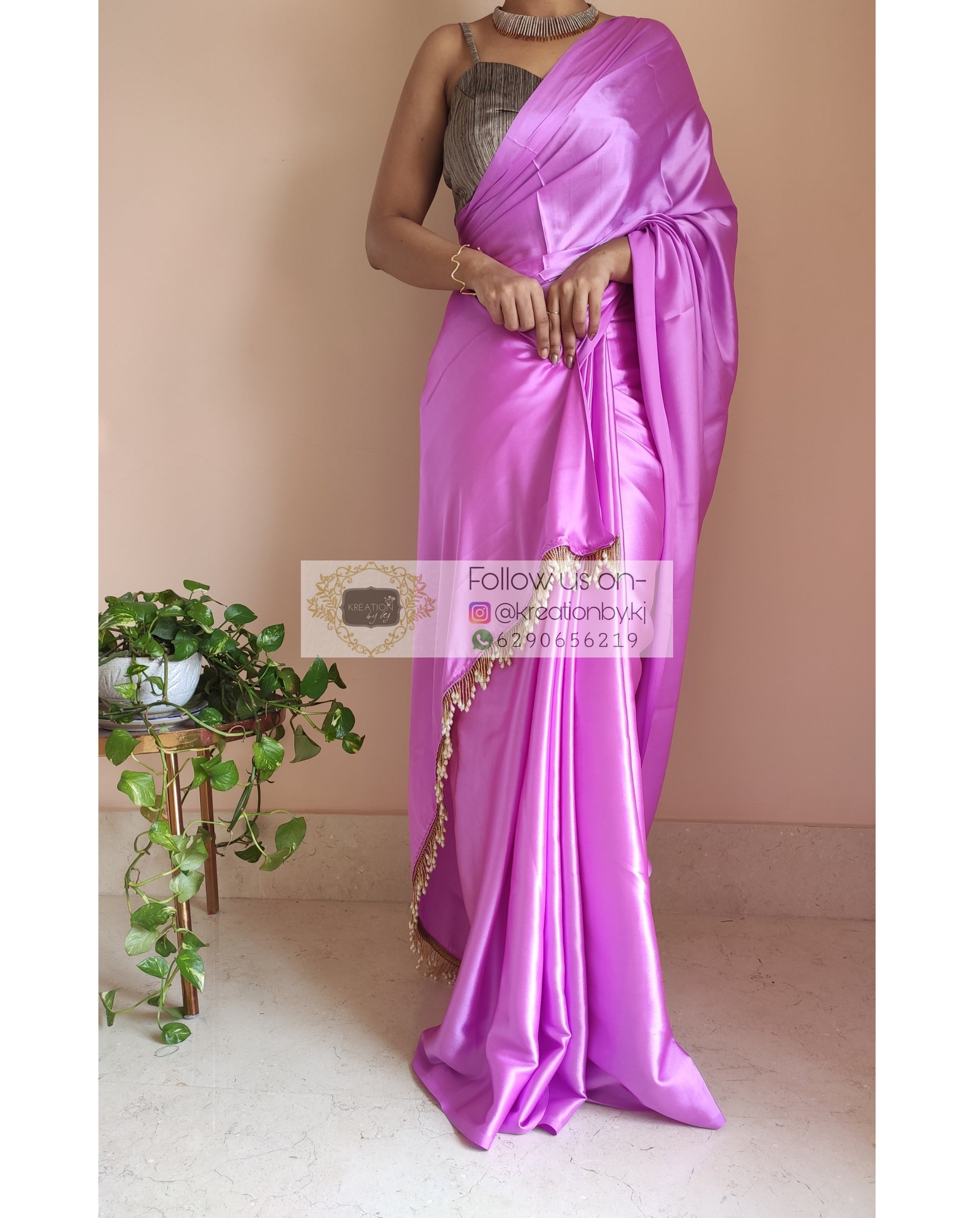 Light Lavender Satin Silk Saree With Handmade Tassels On Pallu - kreationbykj