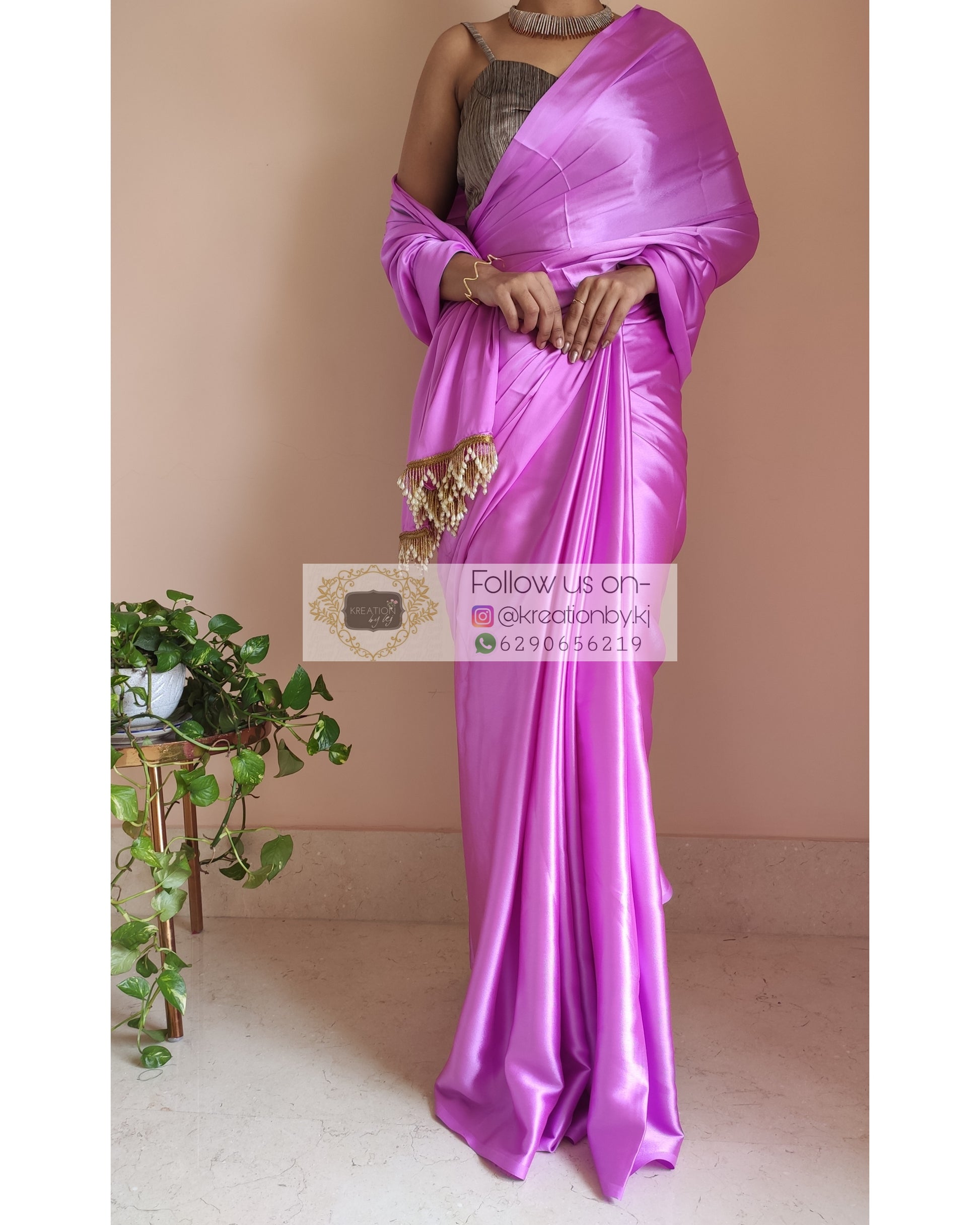 Light Lavender Satin Silk Saree With Handmade Tassels On Pallu - kreationbykj