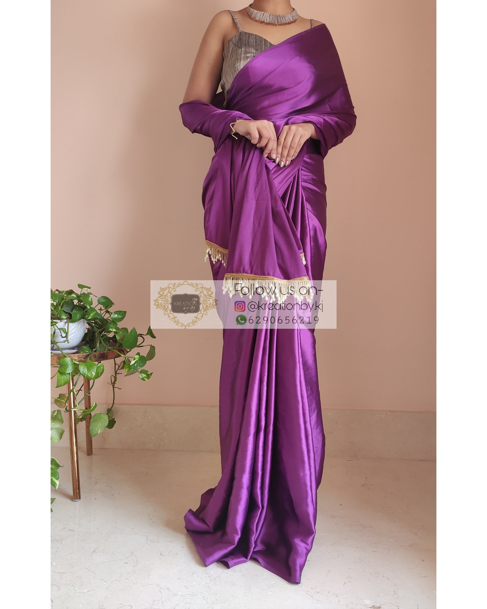 Dark Purple Satin Silk Saree With Handmade Tassels On Pallu - kreationbykj