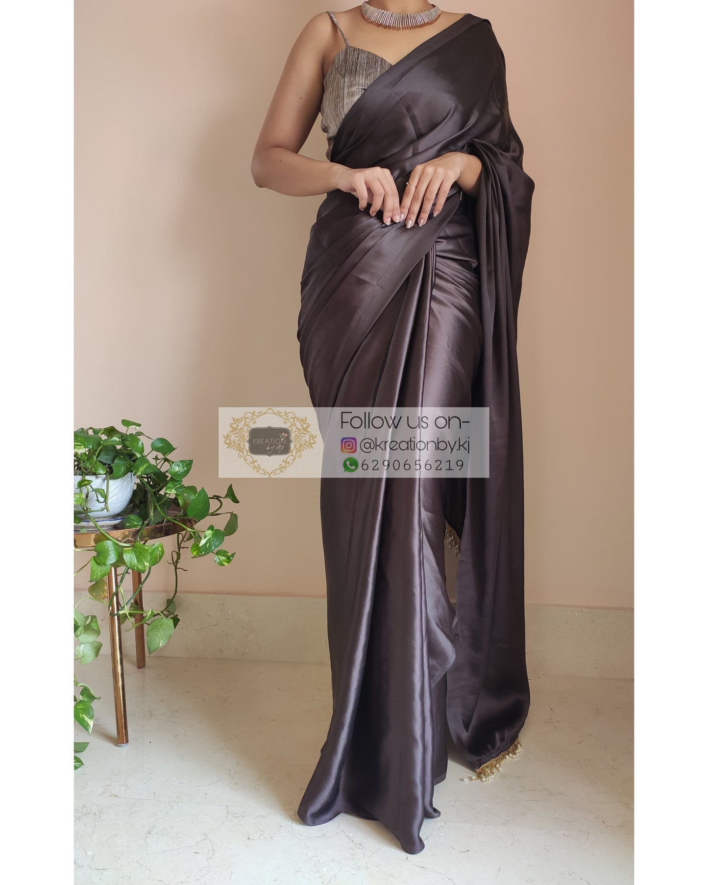 Chocolate Brown Satin Silk Saree With Handmade Tassels - kreationbykj