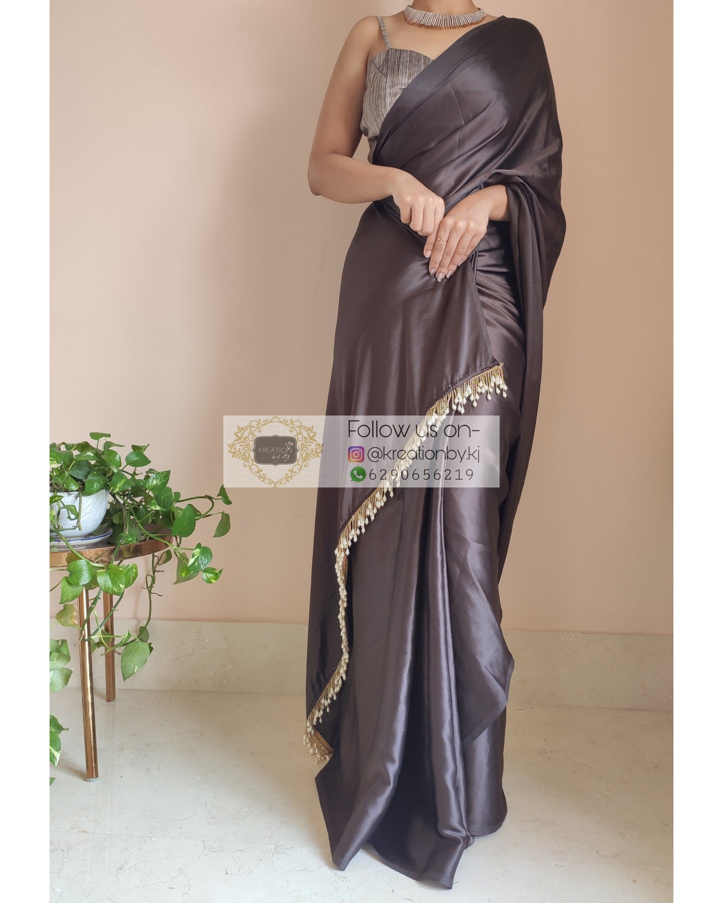 Chocolate Brown Satin Silk Saree With Handmade Tassels - kreationbykj