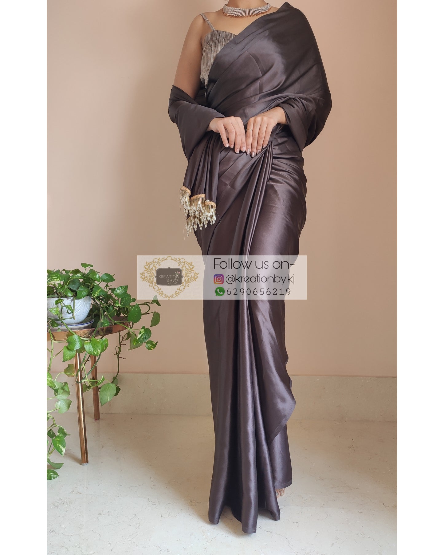 Chocolate Brown Satin Silk Saree With Handmade Tassels - kreationbykj