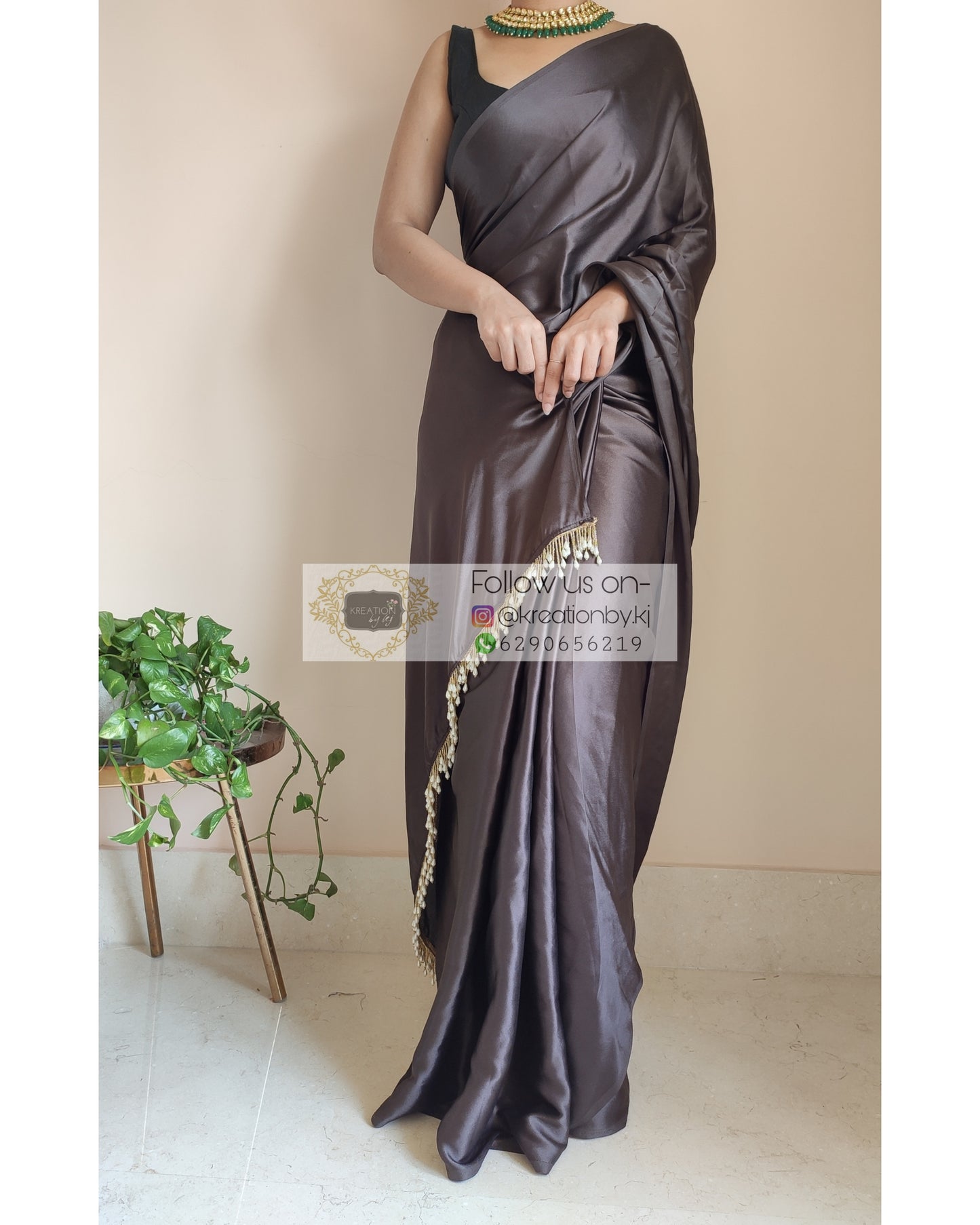 Chocolate Brown Satin Silk Saree With Handmade Tassels - kreationbykj