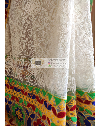 White Net Saree With Multicoloured Border - kreationbykj