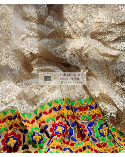 White Net Saree With Multicoloured Border - kreationbykj