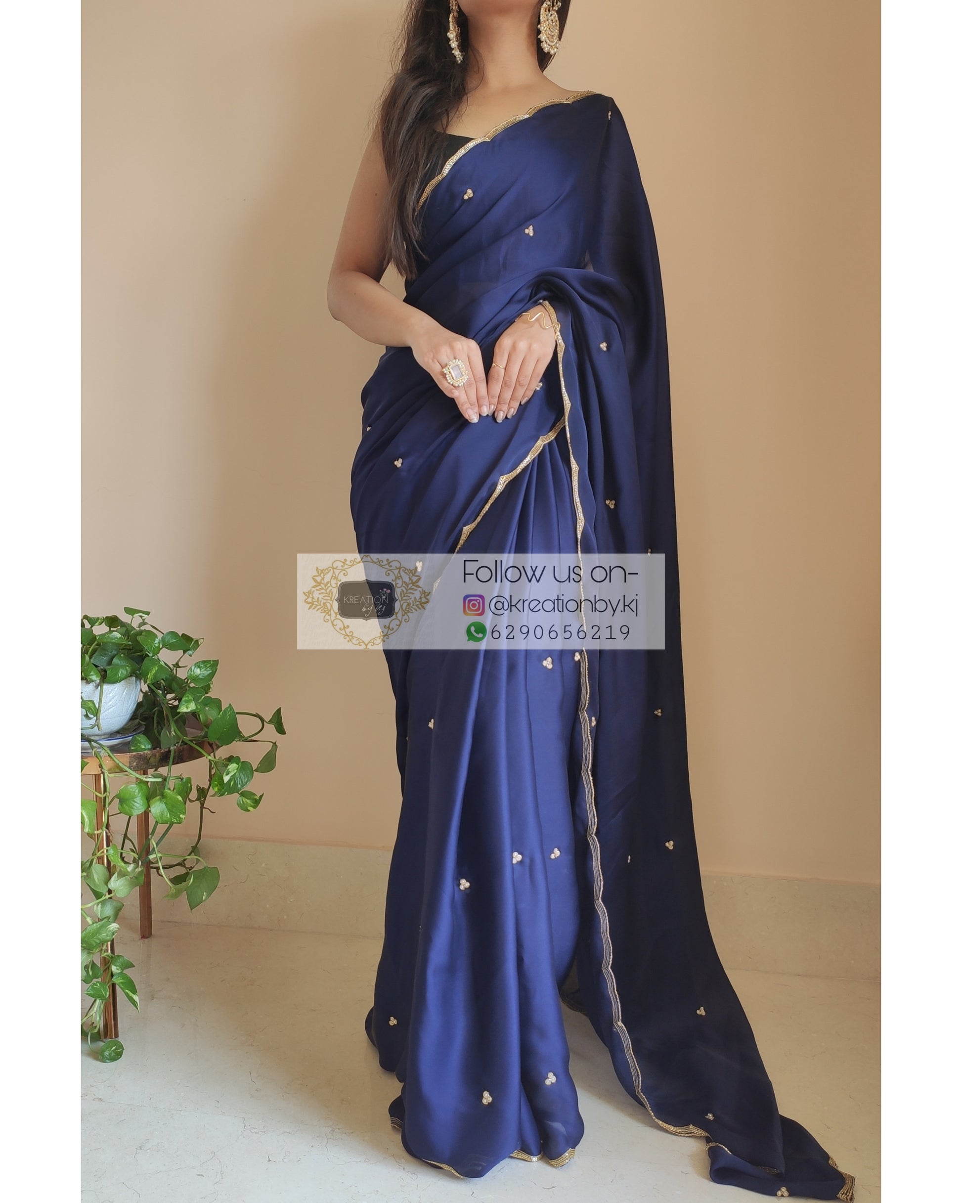 Navy Blue Crepe Silk Saree With Handembroidered Scalloping - kreationbykj