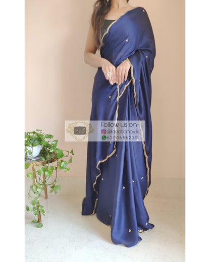 Navy Blue Crepe Silk Saree With Handembroidered Scalloping - kreationbykj