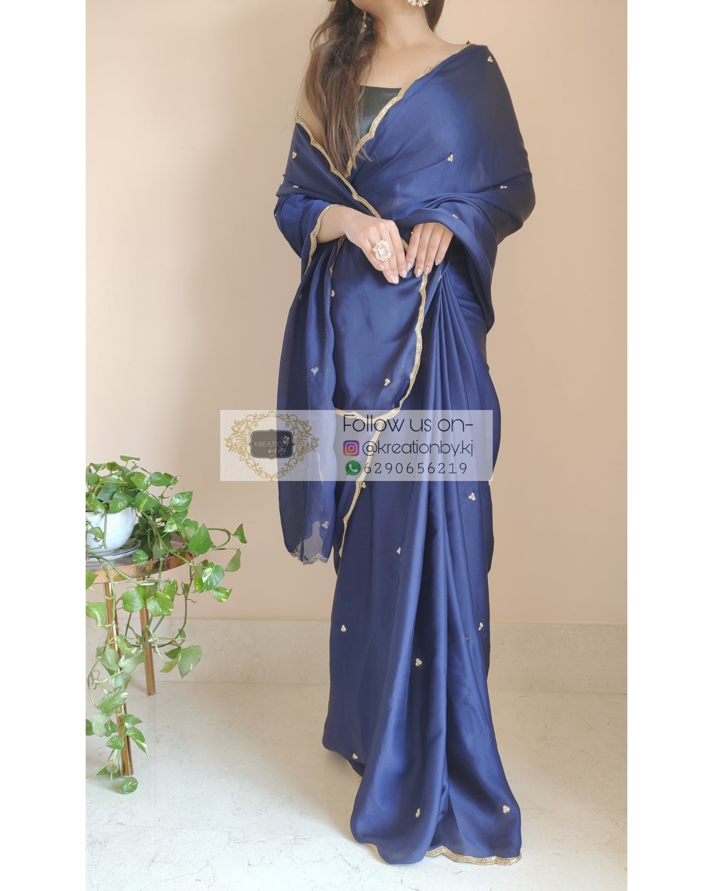 Navy Blue Crepe Silk Saree With Handembroidered Scalloping - kreationbykj