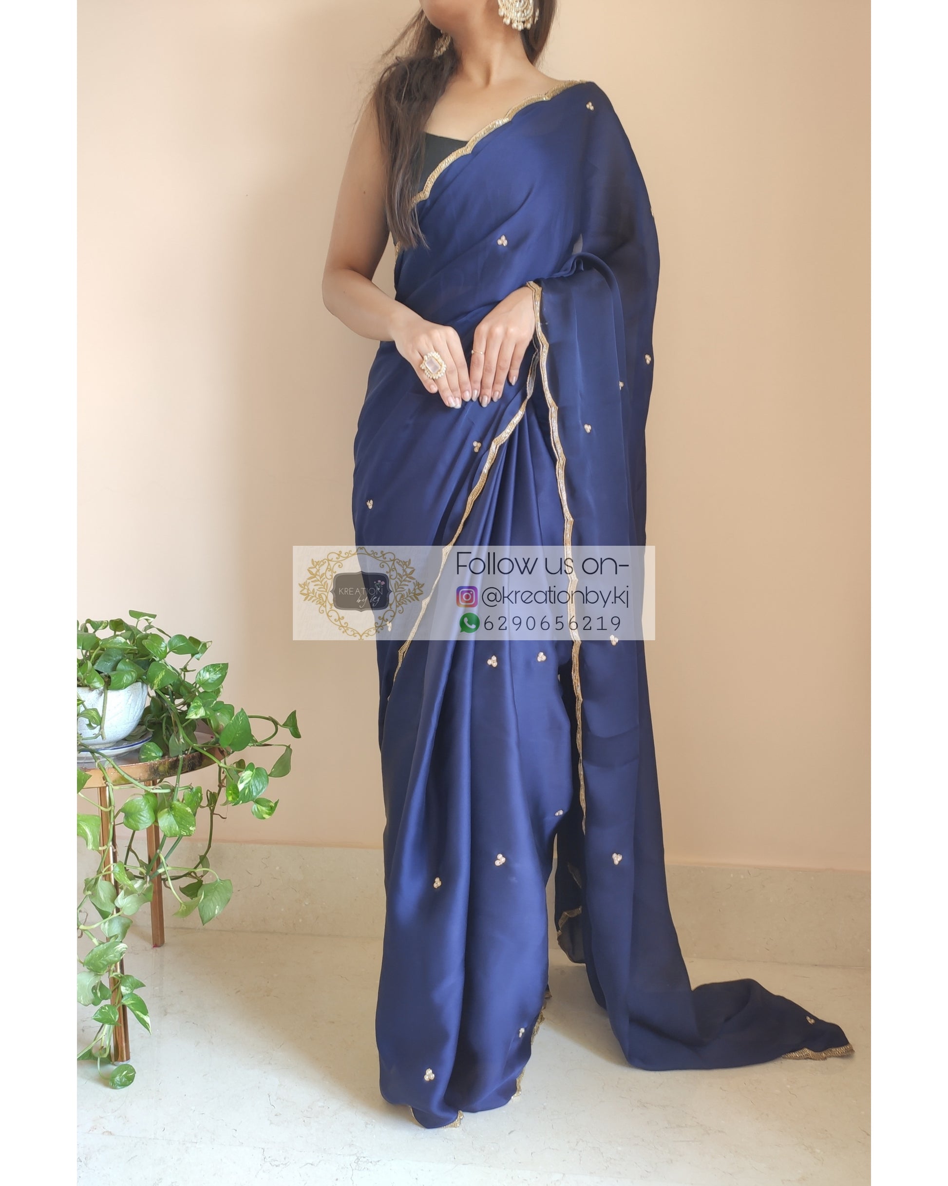 Navy Blue Crepe Silk Saree With Handembroidered Scalloping - kreationbykj