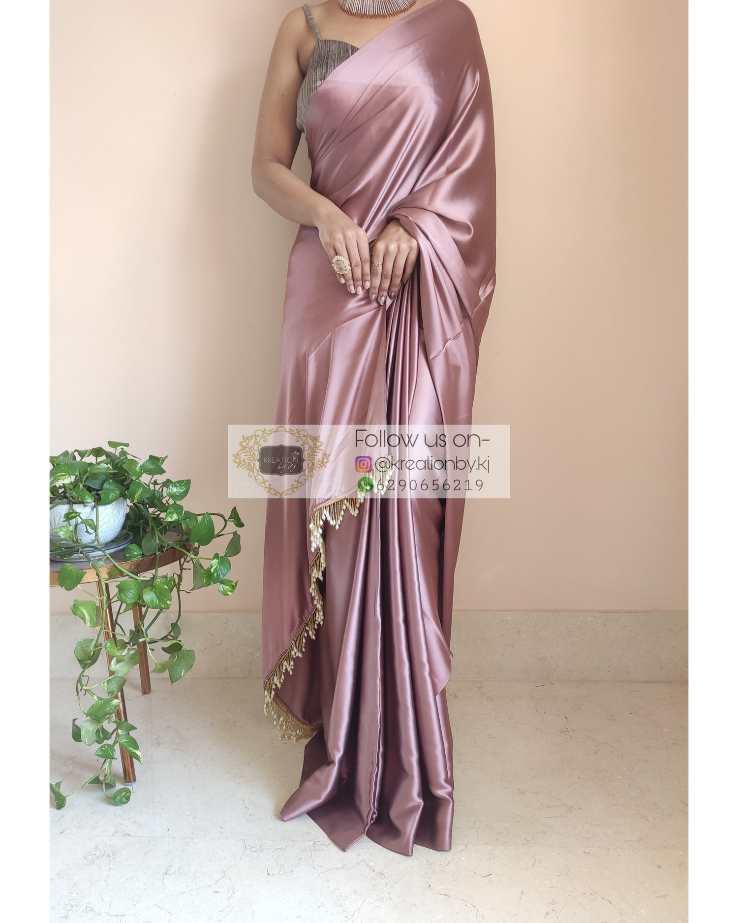 Rose Gold Satin Silk Saree With Handmade Tassels On Pallu - kreationbykj