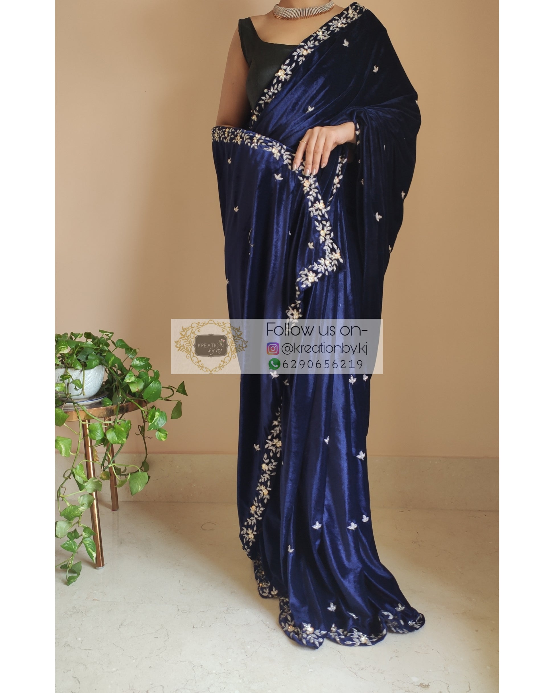 Navy Blue Velvet Chandani Saree - kreationbykj