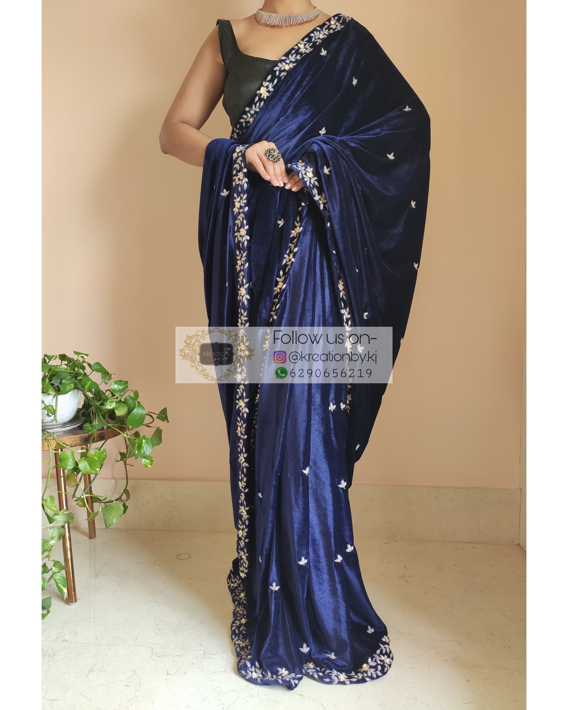 Navy Blue Velvet Chandani Saree - kreationbykj