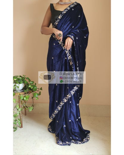 Navy Blue Velvet Chandani Saree - kreationbykj