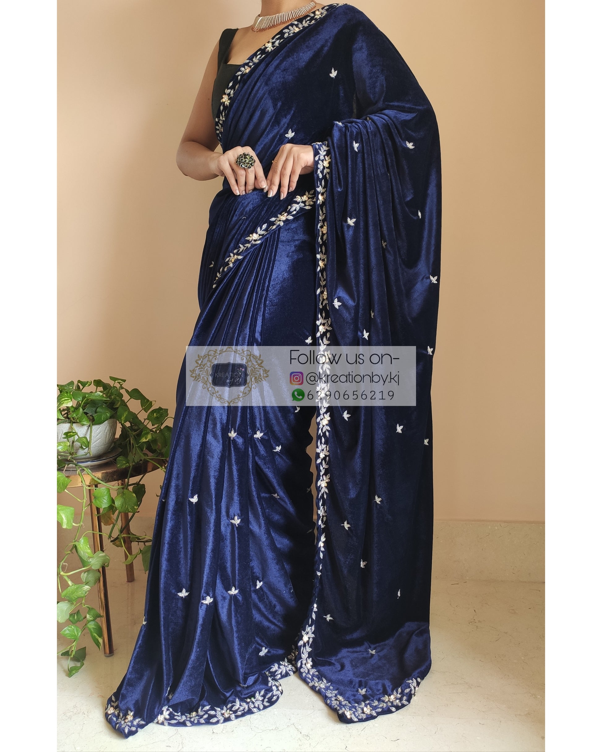 Navy Blue Velvet Chandani Saree - kreationbykj