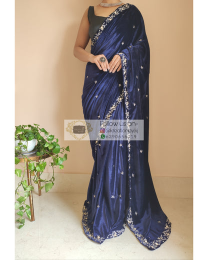 Navy Blue Velvet Chandani Saree - kreationbykj