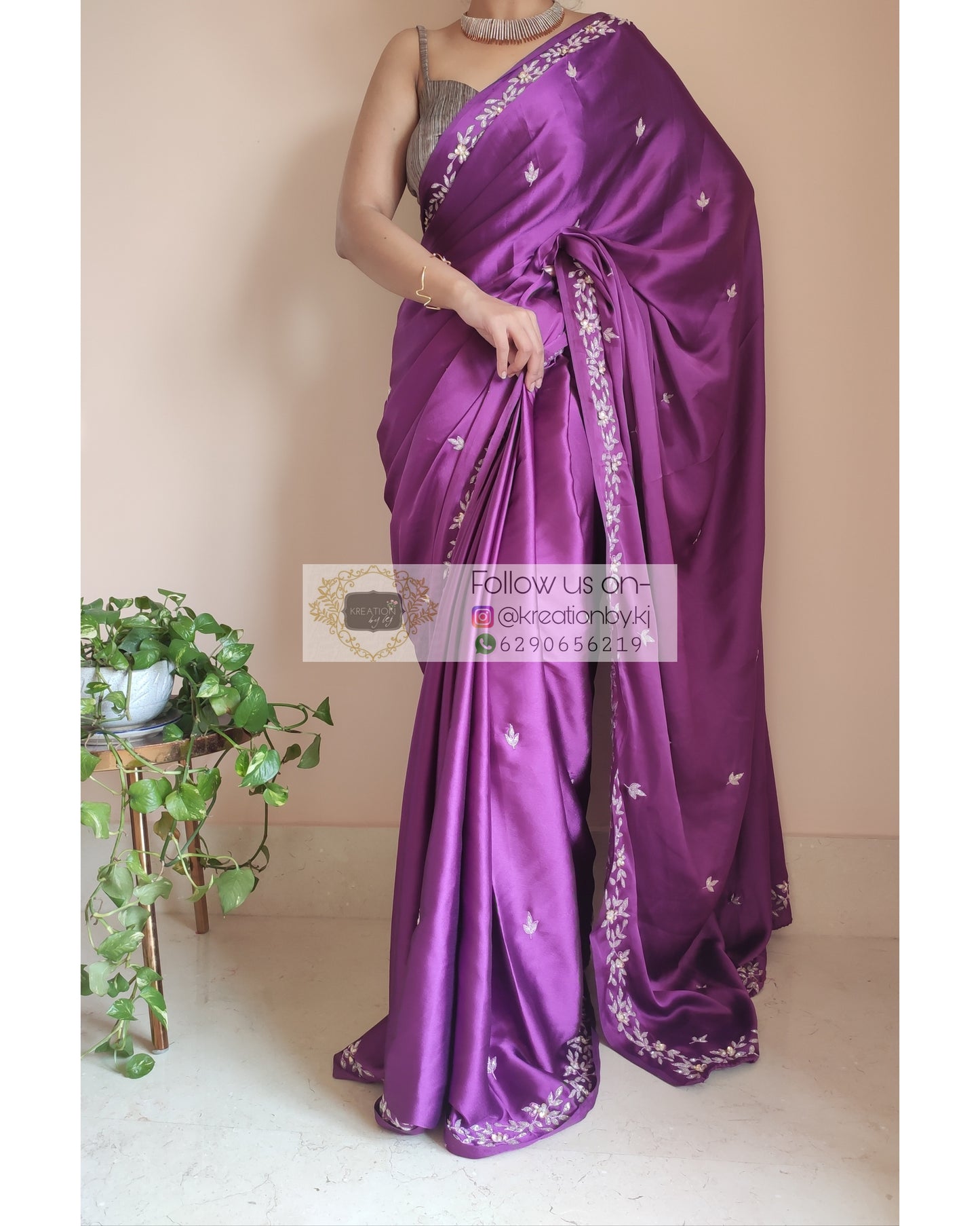 Dark Purple Satin Silk Chandani Saree - kreationbykj