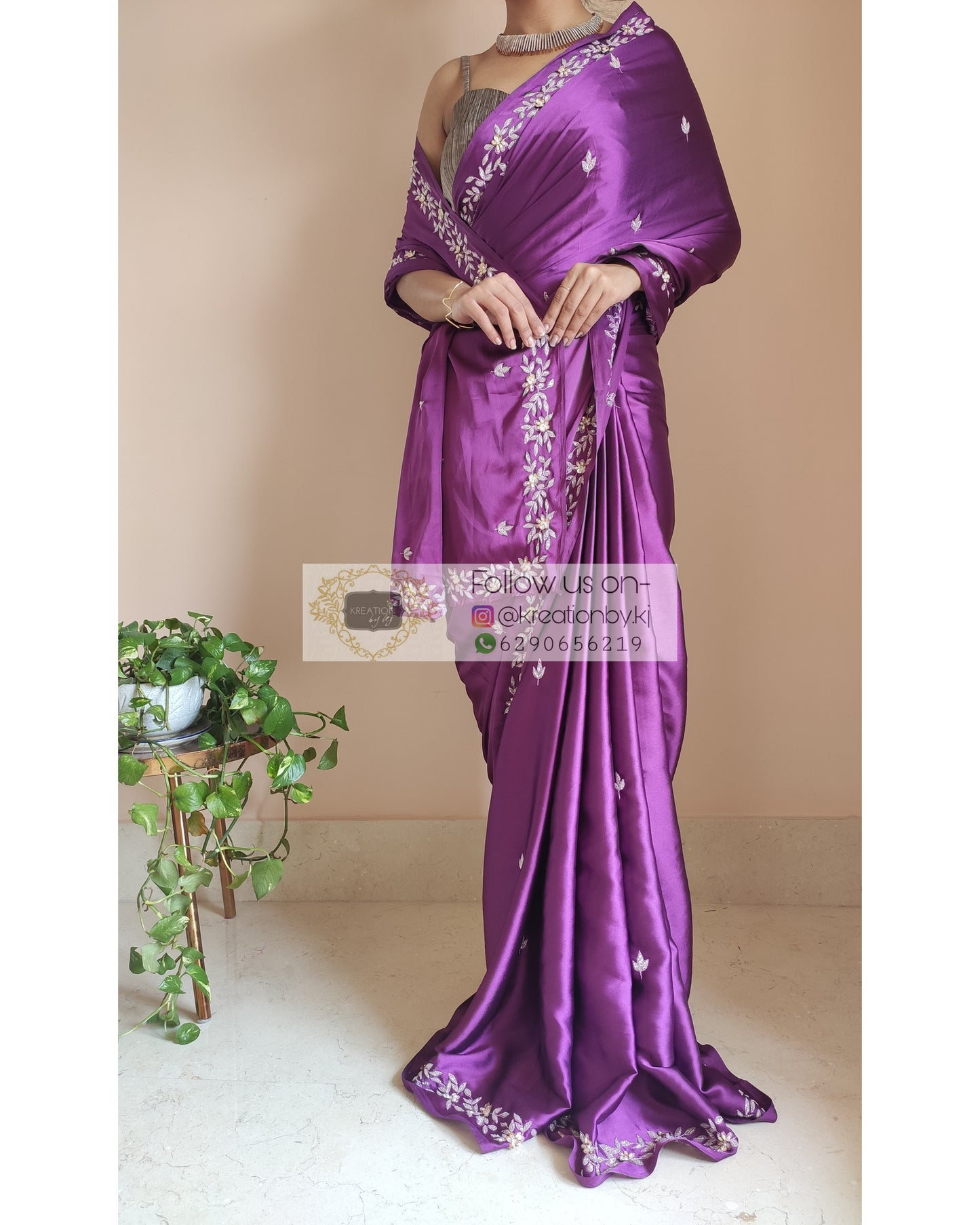 Dark Purple Satin Silk Chandani Saree - kreationbykj