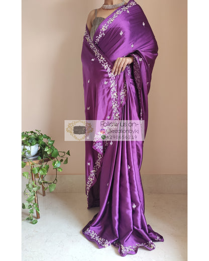 Dark Purple Satin Silk Chandani Saree - kreationbykj