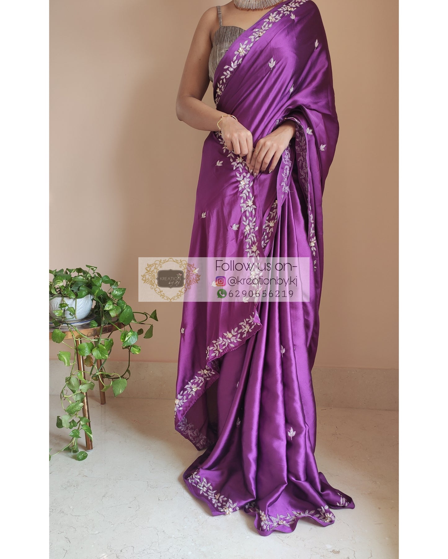 Dark Purple Satin Silk Chandani Saree - kreationbykj