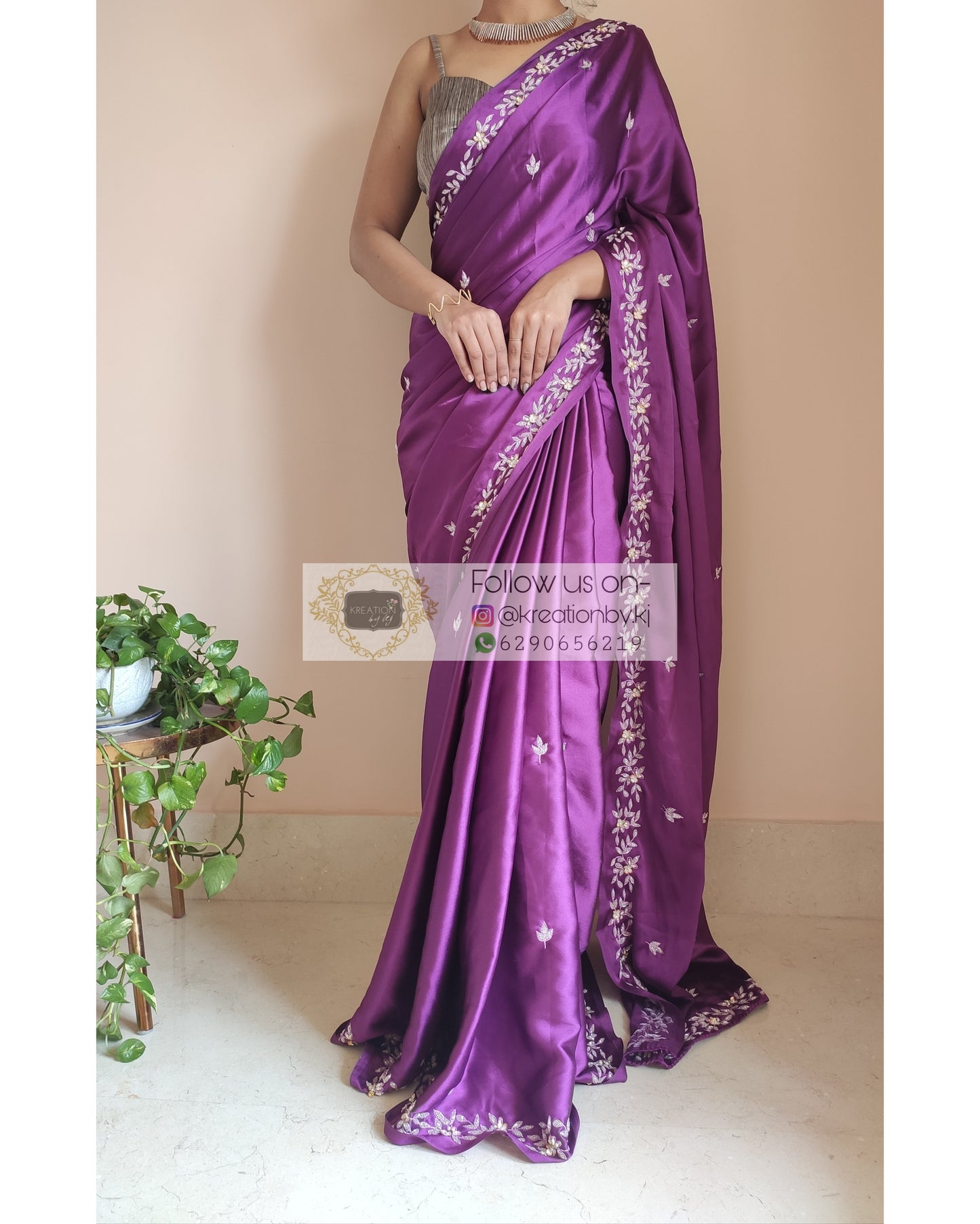 Dark Purple Satin Silk Chandani Saree - kreationbykj