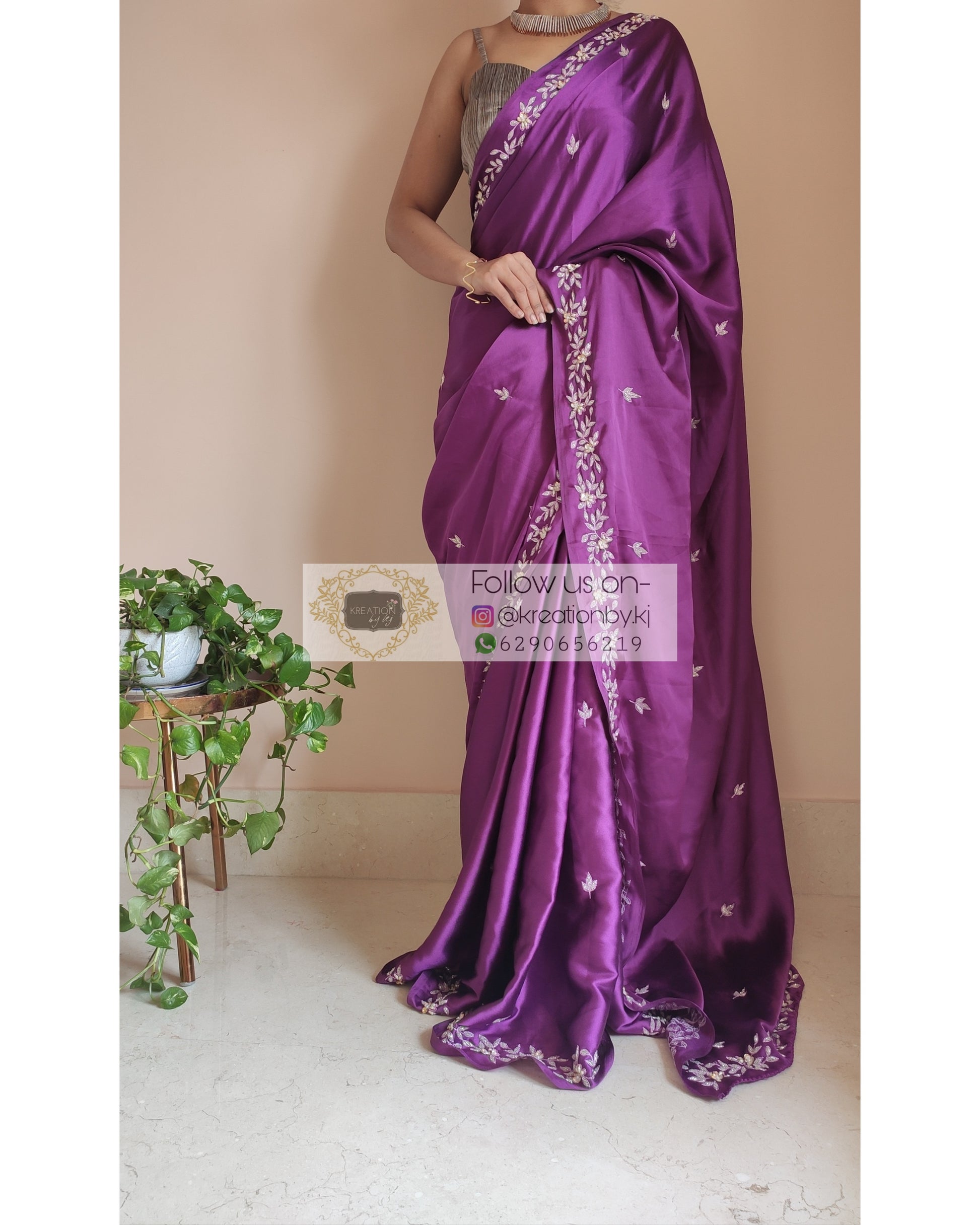 Dark Purple Satin Silk Chandani Saree - kreationbykj