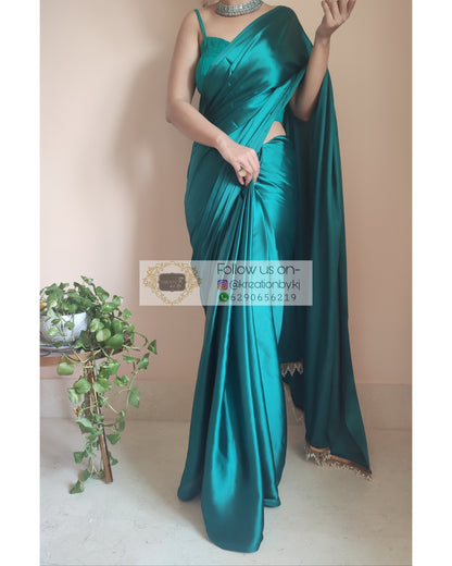 Bottle Green Satin Silk Saree With Handmade Tassels On Pallu - kreationbykj